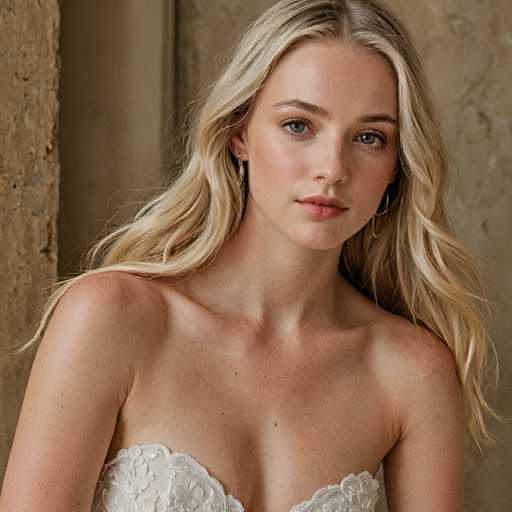 A woman with blonde hair and blue eyes is captured in a close-up portrait against the backdrop of a stone wall. She is wearing a white strapless dress adorned with lace detailing on the bodice. The image does not contain any discernible text or other objects, and there are no actions taking place.