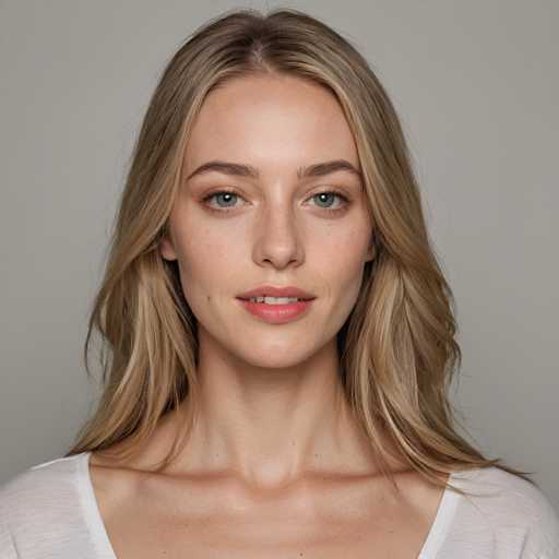 A young woman with blonde hair is captured in a portrait photograph against a plain gray background. She has her eyes closed and a slight smile on her face, giving off an air of tranquility and contentment. The simplicity of the background allows the viewer to focus solely on the subject, making it easier for them to connect with the image.