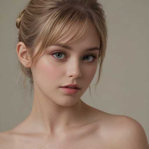A young woman with blonde hair and blue eyes is captured in a close-up portrait against a plain beige background. She has her chin resting on her hand and her gaze directed off to the side. The simplicity of the background allows the viewer's attention to remain solely on the subject, highlighting her features and expression.
