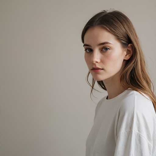 A young woman with long brown hair is captured in a close-up portrait against a plain white background. She is dressed in a simple white t-shirt and her gaze is directed off to the side, suggesting a moment of contemplation or introspection. The image does not contain any discernible text or other objects, focusing solely on the woman's presence and expression.