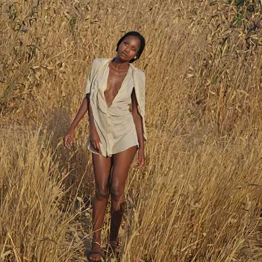 A woman is standing in a field with tall grass and trees in the background. She is wearing a white dress that contrasts with her dark hair and skin tone. The woman appears to be walking through the field, possibly enjoying the outdoors or on her way to an event.