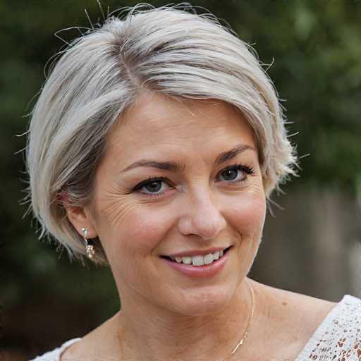 A woman with short blonde hair and a white top is smiling at the camera.