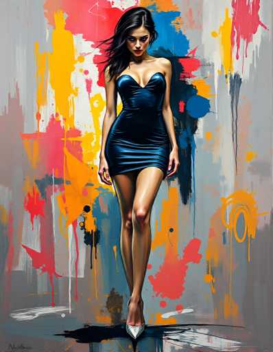A woman is standing on a gray platform with her back facing the camera and wearing a blue dress that contrasts with the colorful background behind her.
