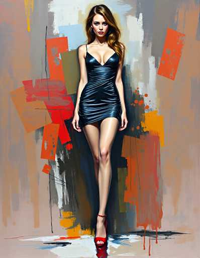 A woman is standing against an abstract background featuring a mix of red and orange colors with white splatters. She is wearing a blue dress that contrasts with the vibrant backdrop. The woman has long brown hair and is holding a red clutch in her left hand while wearing red heels on her feet.