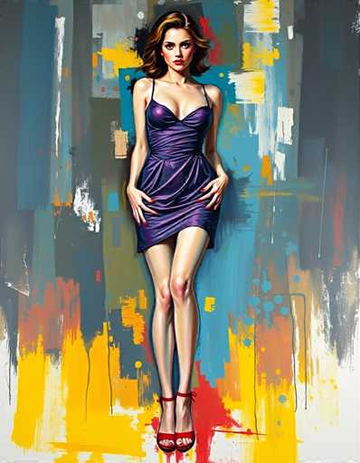 A woman is standing against a colorful abstract background with her arms crossed and legs apart. She is wearing a purple dress that contrasts with the vibrant colors of the painting behind her. The painting features splashes of red, yellow, green, blue, and white hues, creating an energetic and dynamic atmosphere.