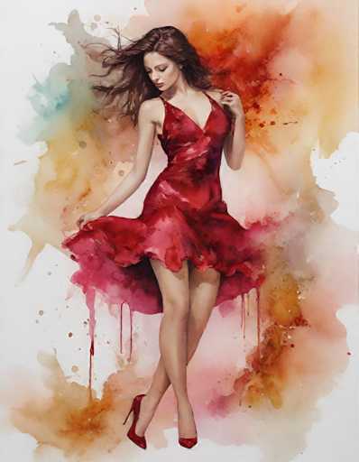 A woman is captured mid-dance pose against a vibrant backdrop featuring splashes of red and orange hues. She wears a striking red dress that contrasts with the colorful background. The woman's hair is styled in loose waves, adding to her dynamic presence on the dance floor.