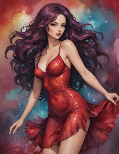 A woman with long dark hair is shown wearing a red dress and holding her hand out to the side of her body against a colorful background that includes shades of pink, blue, and orange.