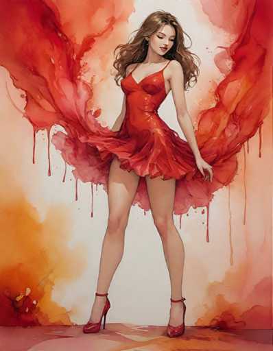 A woman is depicted wearing a vibrant red dress with her hair styled in loose waves and holding a paintbrush in one hand while the other hand is placed on her hip. The background features an abstract pattern of orange and white colors that blend seamlessly into each other, creating a sense of depth and dimension to the image.