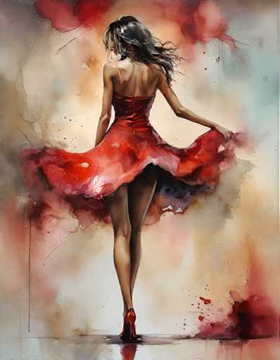 The image depicts a woman wearing a red dress with her hair flowing down and holding the skirt of the dress up to her face as she walks on a white surface. The background is a gradient of colors transitioning from light pink at the top to dark blue at the bottom, creating an abstract painting-like effect that adds depth to the scene.
The woman's pose suggests movement or dance, with her hair flowing freely and the skirt of her dress caught mid-motion as she walks.