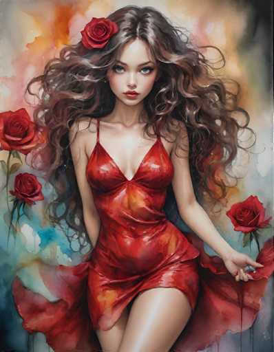 A woman with long brown hair is standing against a colorful abstract background featuring red roses and blue and green hues. She is wearing a red dress that contrasts with the vibrant colors around her. The image does not contain any discernible text or additional objects.