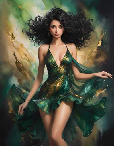 A woman with long black hair is the central figure in a vibrant green dress that flows down to her feet. The background features a gradient of green and gold colors, creating an ethereal atmosphere around the woman.