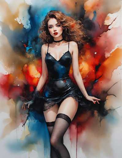 A woman with long brown hair and a red lipstick is standing against a backdrop of vibrant orange and blue splatters. She is wearing a black dress that contrasts with the colorful background. The woman's pose suggests she is posing for the photo.