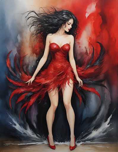 A woman with long dark hair is captured mid-dance, wearing a vibrant red dress that flows behind her as she moves. She holds the skirt of her dress outstretched to the side and has her left hand on her hip while her right hand is raised in the air. The background features an abstract painting with bold strokes of red and black, creating a dramatic backdrop for the woman's dance.
The style of this image can be described as surreal or dreamlike, with elements that defy conventional expectations.