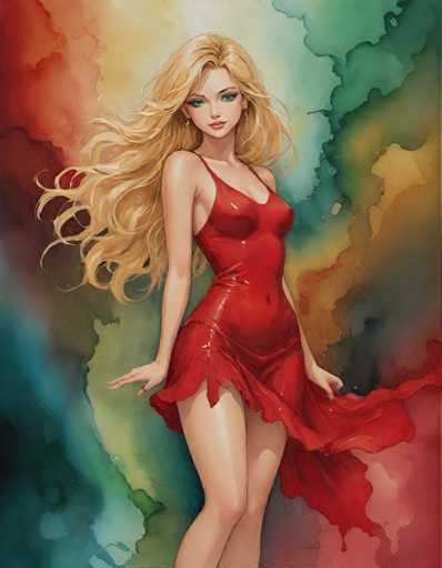 A woman with blonde hair is standing against a colorful abstract background featuring shades of red, green, and blue. She is wearing a vibrant red dress that contrasts with the surrounding colors. The woman's pose suggests she is in motion or about to move, adding dynamism to the scene.