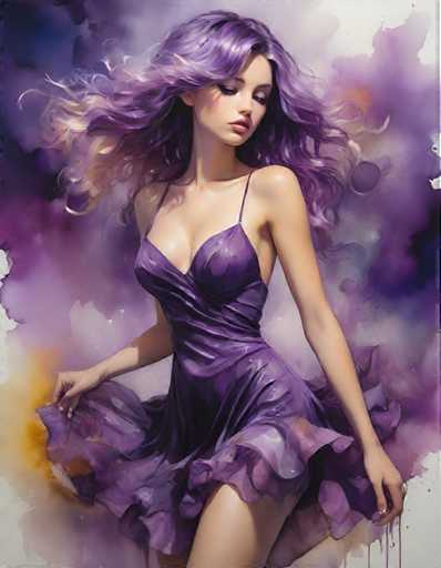 A woman with long purple hair is captured mid-stride on a dance floor, wearing a purple dress that flows behind her as she moves. The background features a gradient of purple and yellow colors, creating an ethereal atmosphere.