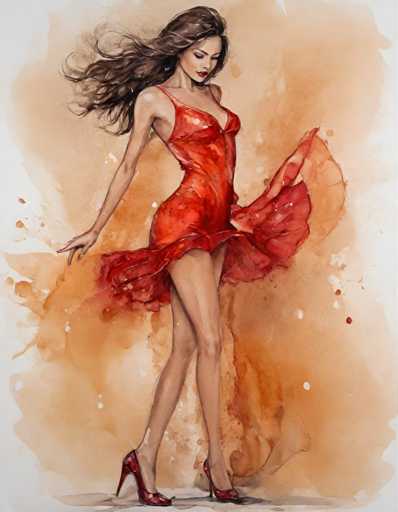The image depicts a woman wearing a red dress with her hair flowing down and holding the skirt of the dress up with one hand while the other hand is raised. She is standing on a white surface against an orange background that has splotches of watercolor paint scattered throughout it, giving the impression of a painting or illustration rather than a photograph.
The woman's pose suggests she might be dancing or moving in some way, and her attire adds to the overall artistic feel of the image.