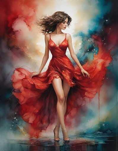 A woman is captured mid-stride on a sidewalk, wearing a vibrant red dress that flows behind her as she walks. The background features a gradient of colors transitioning from blue to pink and purple, creating an ethereal atmosphere around the woman.