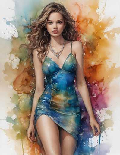 A woman is standing against a colorful abstract background with her hair styled in loose waves and wearing a blue dress that matches the color of the splatter pattern on the wall behind her.