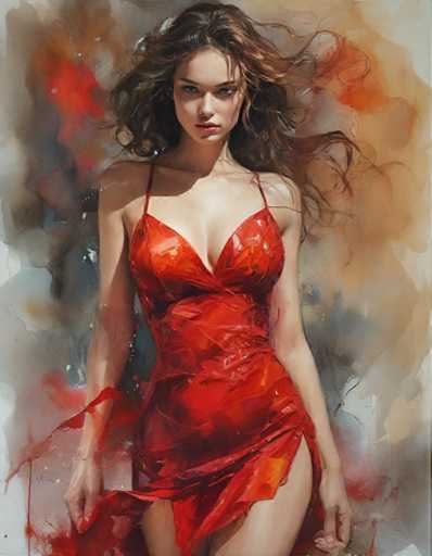 A woman is standing against a backdrop that transitions from red at the top to orange and brown at the bottom of the image. She is wearing a vibrant red dress with a high neckline and a skirt featuring a split design on the lower half. The background is a gradient of colors, transitioning from red at the top to orange and brown at the bottom.