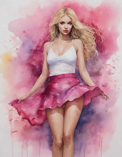 A woman with blonde hair is standing against a pink and purple background. She is wearing a white tank top and a pink skirt that flows down to her knees. The painting style is realistic, capturing the details of the woman's figure and the surrounding colors.