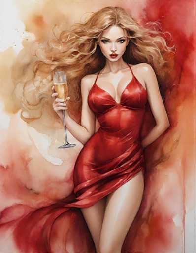 A woman with blonde hair and red lipstick is shown holding a glass of champagne against an abstract background featuring splashes of orange and pink hues.