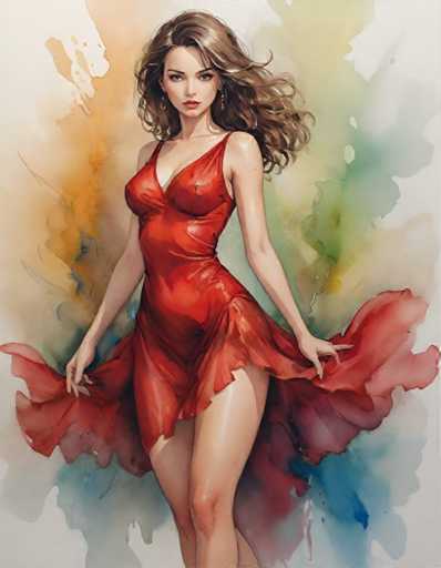A woman is standing against a colorful abstract background with her hair flowing down and wearing a red dress that matches the colors of the painting.