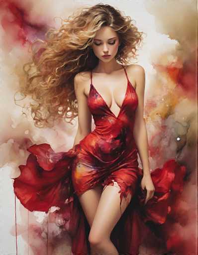 A woman with long blonde hair is captured mid-stride in a red dress that features an intricate floral pattern on the bodice and skirt. The background of the image is a gradient of colors transitioning from pink to brown, creating a sense of depth and dimension.