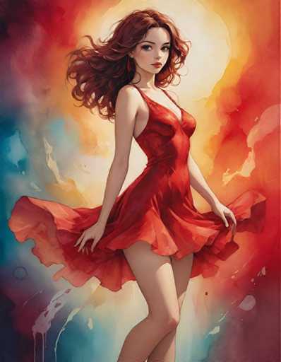 A woman with long red hair is shown wearing a vibrant red dress and her hair is styled in loose waves. The background features an abstract design of orange and blue hues, creating a sense of movement and dynamism.