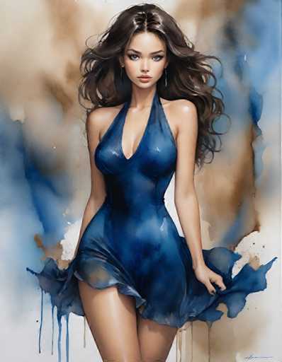 The image depicts a woman wearing a blue dress with a halter neckline and long sleeves. The background is a gradient of blue and brown colors, creating an artistic and visually appealing effect. The woman's pose suggests she is in motion or about to move, adding dynamism to the scene.