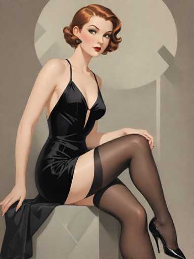 A woman is seated on a white stool with her legs crossed and wearing a black dress that reaches down to her knees. She has red hair styled in an updo and is wearing high heels. The background features a gray wall with a circular pattern.