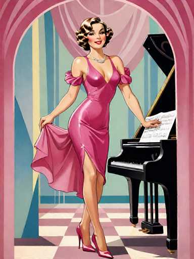A woman is standing next to a grand piano with her hair styled in an elegant updo and wearing a pink dress that flows down to the floor. The room has a pink color scheme, and there's a large archway on one side of the image.