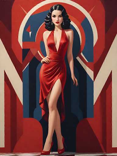 The image depicts a woman wearing a red dress with a deep V-neck and high slit, standing on a white platform against a vibrant red background adorned with geometric shapes and lines. The woman is positioned in the center of the frame, facing towards the right side of the image.