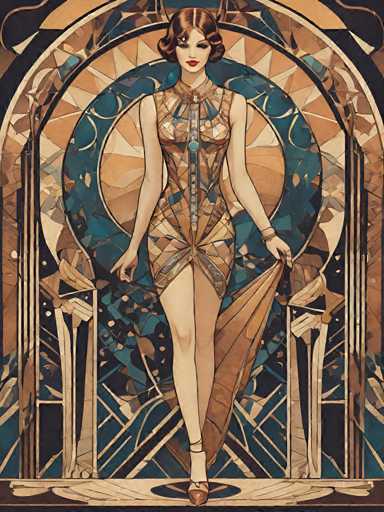 The image depicts a woman wearing an elegant dress with blue and gold colors, standing on a platform adorned with intricate geometric patterns. The background features a large archway with a circular window at the center, surrounded by smaller windows that create a sense of depth in the scene.