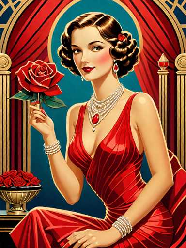 A woman is depicted wearing an elegant red dress and holding a rose in her hand. She has long hair styled in curls that falls over her shoulders. The background features a blue curtain with gold accents, adding to the overall luxurious atmosphere of the scene.