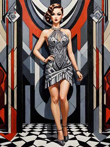 The image depicts a woman wearing an elegant silver and black dress with a high neckline and ruffled sleeves. She is standing on a black and white checkered floor, which adds to the overall vintage aesthetic of the scene. The background features a large red and black geometric patterned wall adorned with a diamond-like design in shades of orange and red.