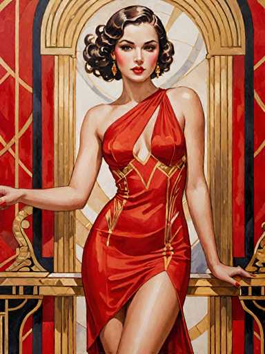 A woman is depicted wearing an elegant red dress with gold accents and a corset that accentuates her figure. She stands confidently on a balcony, holding the railing with one hand while looking directly at the viewer with the other hand. The background features a striking red and black color scheme, which complements the woman's attire.