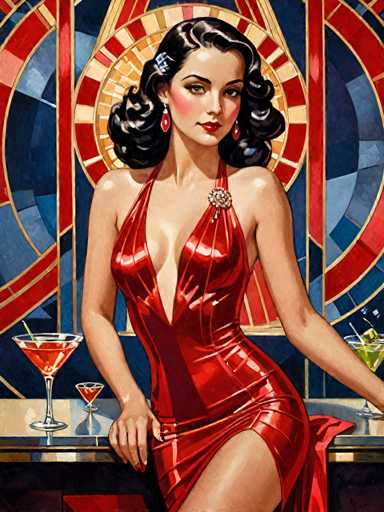 The image depicts a woman wearing a red dress with her hair styled in an updo and earrings. She is standing on the left side of the frame, holding a glass filled with a drink that appears to be a martini. The background features a stained glass window with a gold border, adding an artistic touch to the scene.