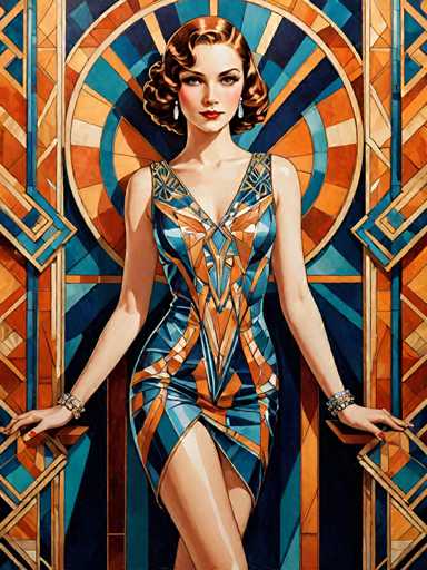The image depicts a woman wearing an ornate dress with blue and orange geometric patterns on it. She is standing against a backdrop of a stained glass window featuring a circular design in shades of blue and orange. The woman's pose suggests she is posing for the photo.