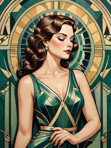 The image depicts a woman with long brown hair wearing a green dress and gold earrings standing against a backdrop of a geometric patterned wall featuring a clock face and a crescent moon design.