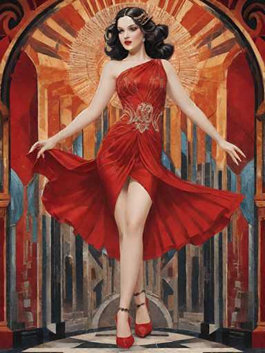 A woman is depicted wearing a vibrant red dress with gold accents and high heels against an abstract background featuring geometric shapes and lines.
