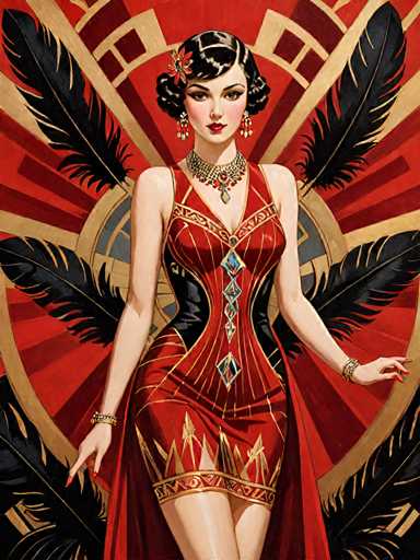 The image depicts a woman wearing an elegant red dress with gold accents and black feathers adorning her hair. She is standing against a backdrop of a large red circle adorned with gold designs, which includes a bird-like shape on the left side and a flower-like shape on the right side. The woman's pose suggests she is in the center of attention or the focal point of the scene.