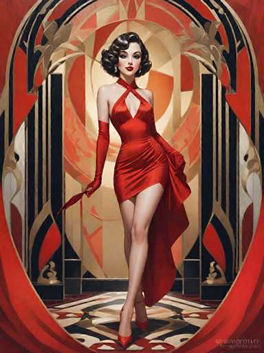 The image depicts a woman wearing a red dress and high heels standing in front of an ornate archway with gold accents. The woman is holding a parasol in her right hand while the left hand rests on her hip.
