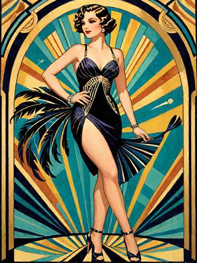 The image depicts a woman wearing an elegant black dress with gold accents and a feathered headdress. She is standing on a platform adorned with blue and yellow stripes, holding a feather duster in her right hand. The background features a geometric pattern of blue and orange lines that recede into the distance, creating a sense of depth and perspective.