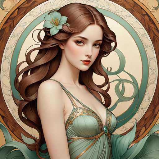 The image depicts a woman with long brown hair wearing a green dress and a gold necklace. She is positioned against a circular background that features a floral design. The woman's gaze is directed towards the viewer, creating an engaging visual narrative.