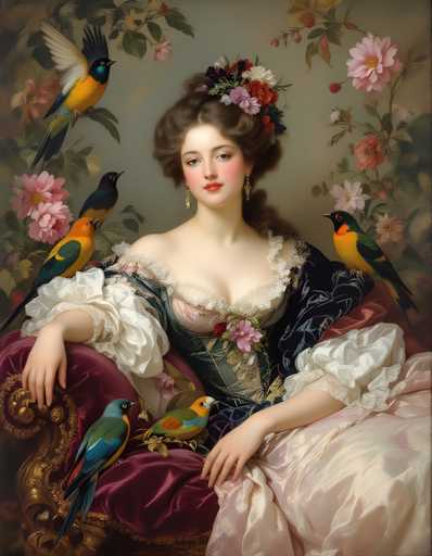 The image depicts a woman wearing an elaborate dress and headpiece with a floral design, surrounded by several birds perched on her shoulders and wings. The painting is executed in the Baroque style, characterized by its dramatic use of light and shadow to create a sense of depth and movement.