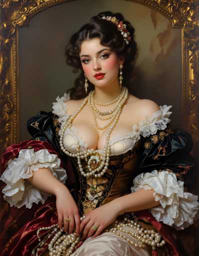 The image depicts a woman wearing a corset and a pearl necklace, seated with her hands resting on her lap. The background is a dark green color, providing a contrast to the white frame that surrounds the woman's figure.