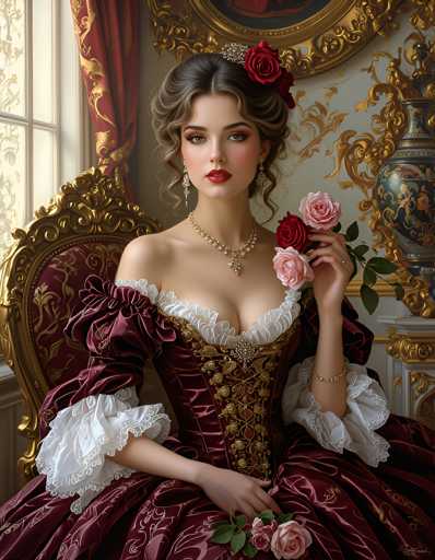 A woman dressed in a red and gold dress with white sleeves is seated on a gold chair in front of a window adorned with red curtains. She holds two pink roses in her hands.