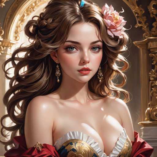 The image depicts a woman with long brown hair and a flower in her hair. She is wearing a red dress and gold jewelry, suggesting she may be attending a formal event or simply dressing up for a special occasion. The background features an ornate archway, which adds to the overall elegance of the scene.