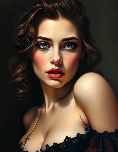 The image shows a close-up portrait of a woman with long brown hair and striking red lipstick. She is wearing a black dress that contrasts with her vibrant appearance. The background is dark, which further accentuates the woman's features.