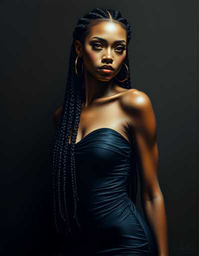 A woman with long braids and a strapless dress stands against a dark background, her gaze directed off to the side.